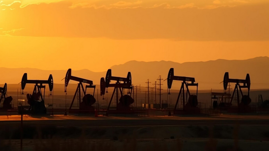 Oil pump jacks operating at dusk with a warm, orange sky backdrop