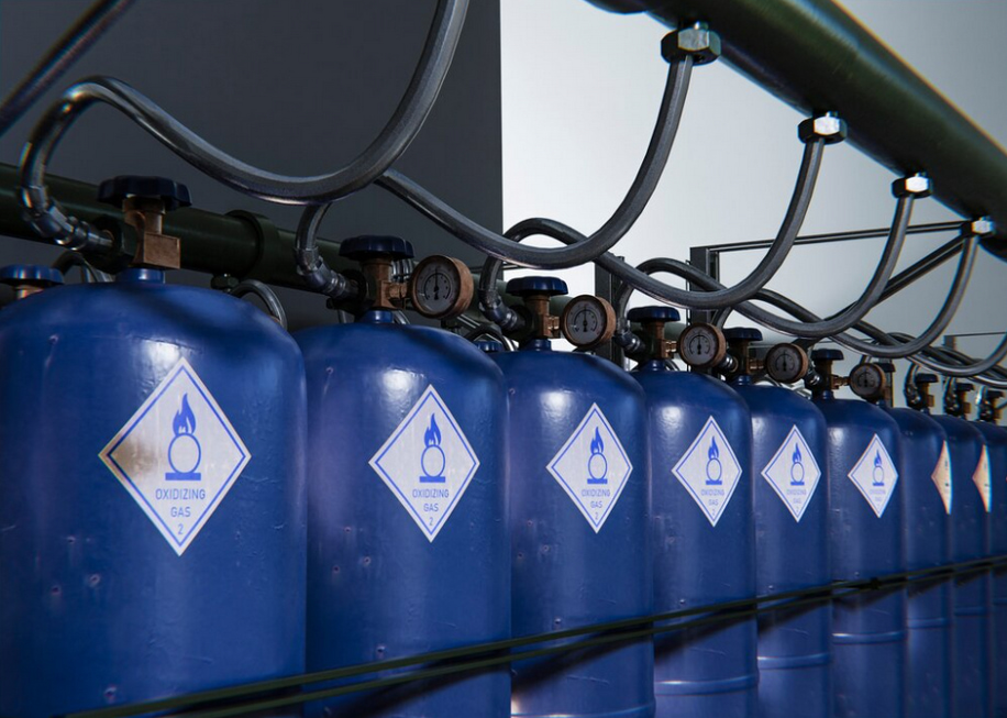 A series of blue gas cylinders labeled as oxidizing gas connected to a piping system.